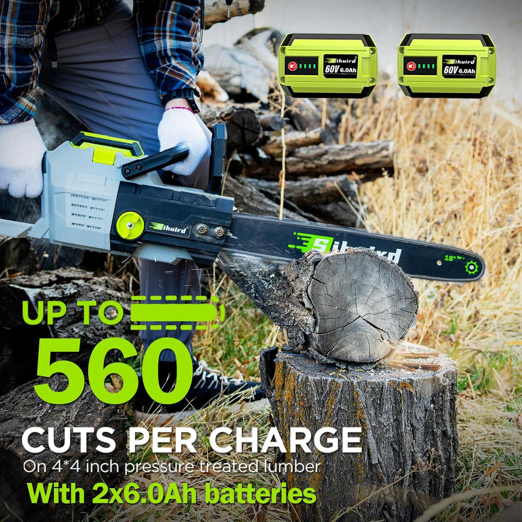 Sihuird 60V 18-Inch Cordless ChainSaw, Brushless Motor Electric Chainsaw with 2 x 6.0Ah Battery and Charger, Tool-free Chain Tension & Auto Lubrication for Tree, Wood Cutting, Courtyard, Household